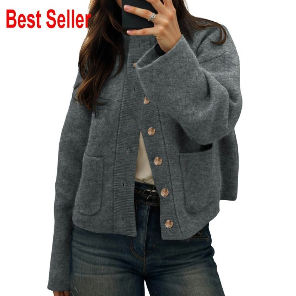 Chunky Knit Cardigan Sweater Mock Neck Open Front Winter Outerwear Pockets